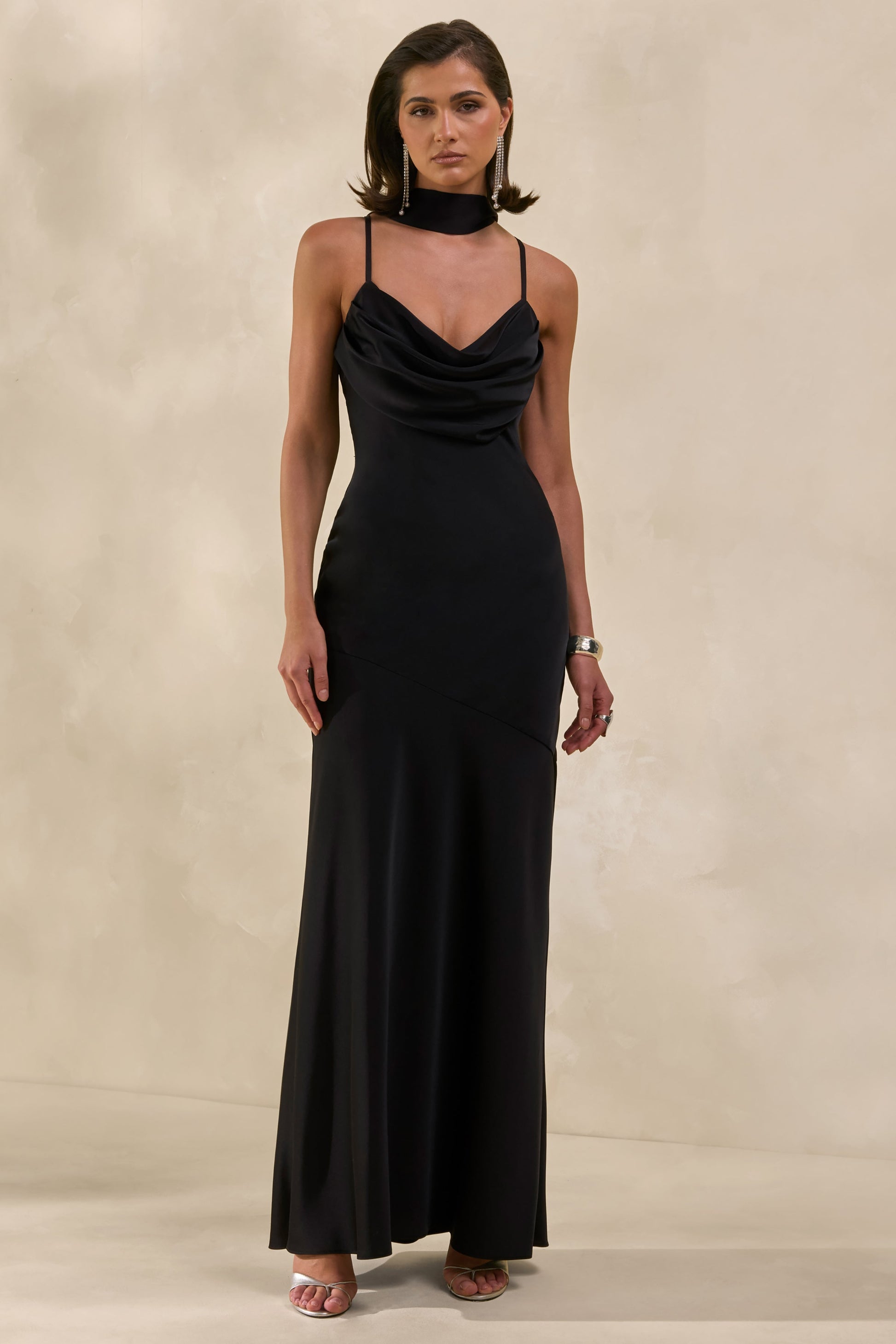 Anarelle | Black Satin Cowl-Neck Maxi Dress