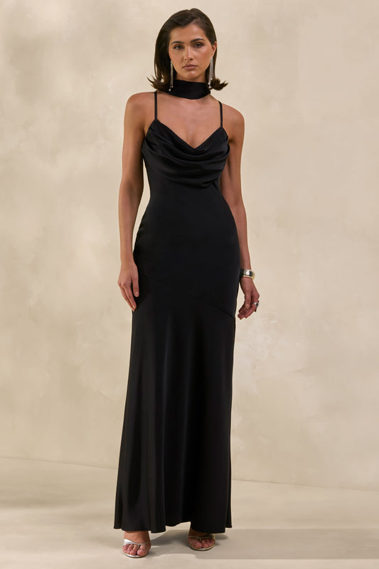 Anarelle | Black Satin Cowl-Neck Maxi Dress