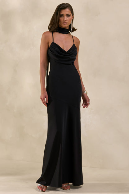 Anarelle | Black Satin Cowl-Neck Maxi Dress