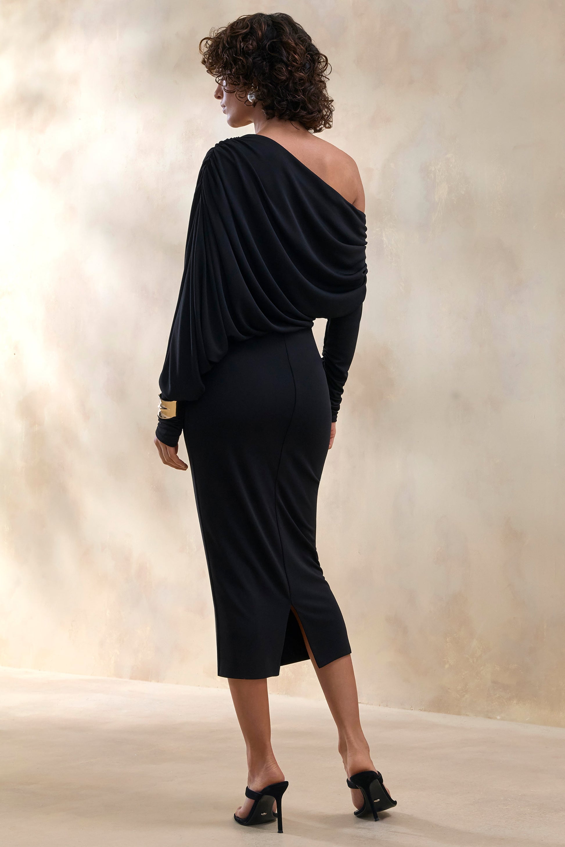 Dalissa | Black Asymmetric-Neck Midi Dress With Draped-Detailing