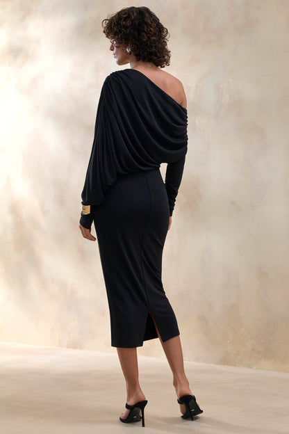 Dalissa | Black Asymmetric-Neck Midi Dress With Draped-Detailing