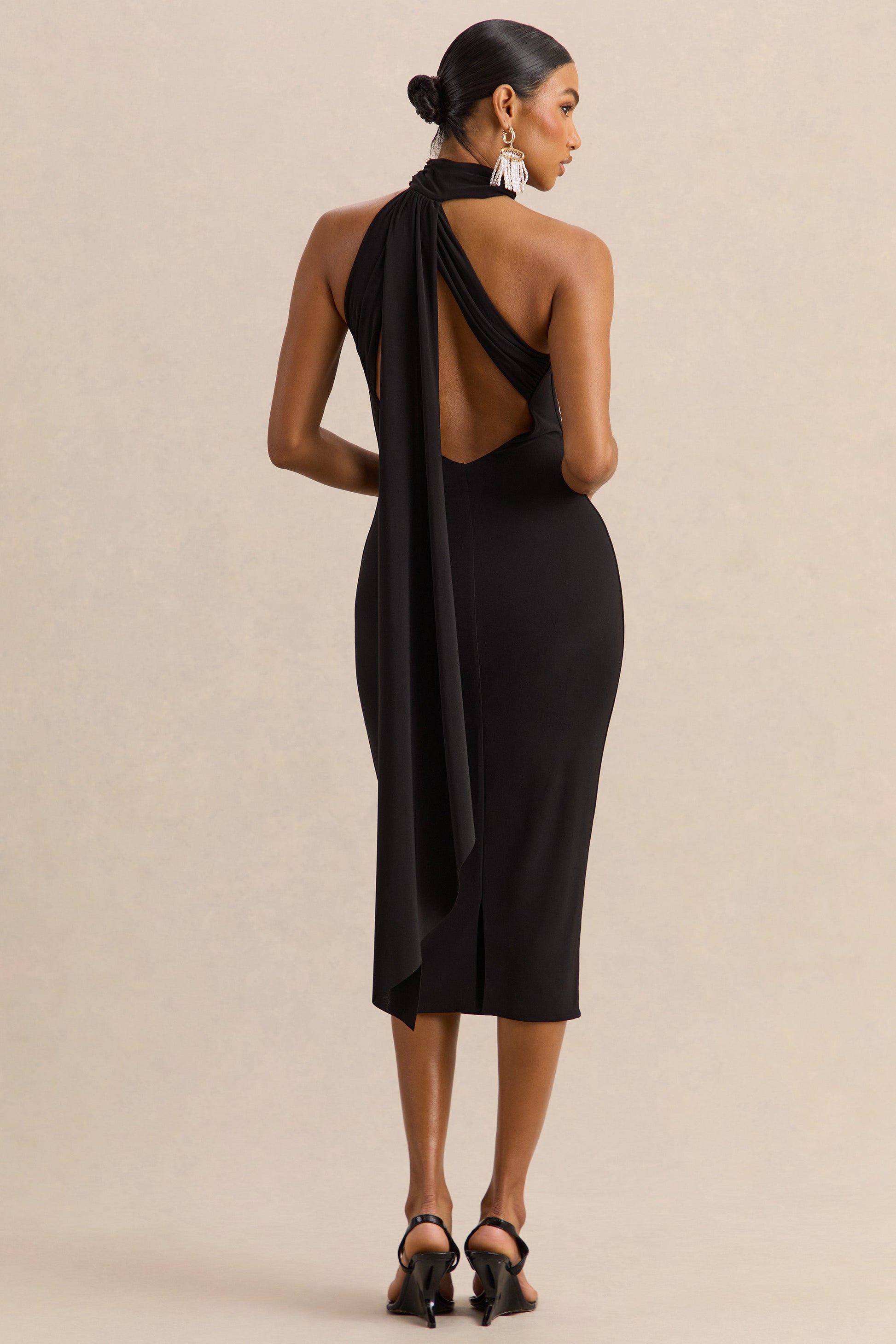 Devinae | Black Asymmetric-Neck Midi-Dress With Open-Back And Scarf-Detail