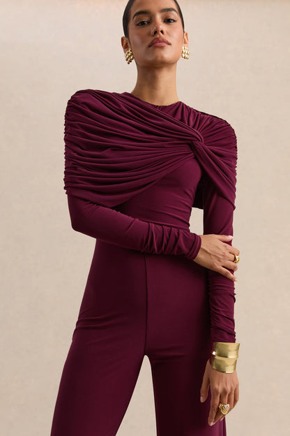 Eloura | Burgundy High-Neck Jumpsuit With Twist-Gathered Detail