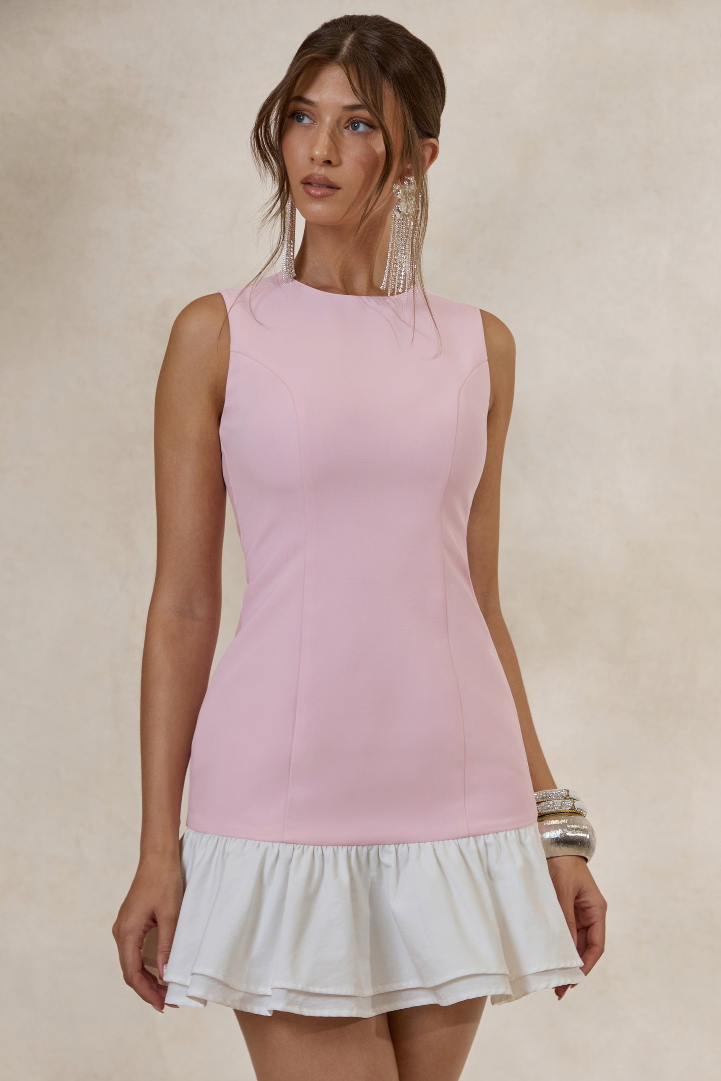 Aradia | Pink & White Crew-Neck Mini Dress With Ruffled-Detailing