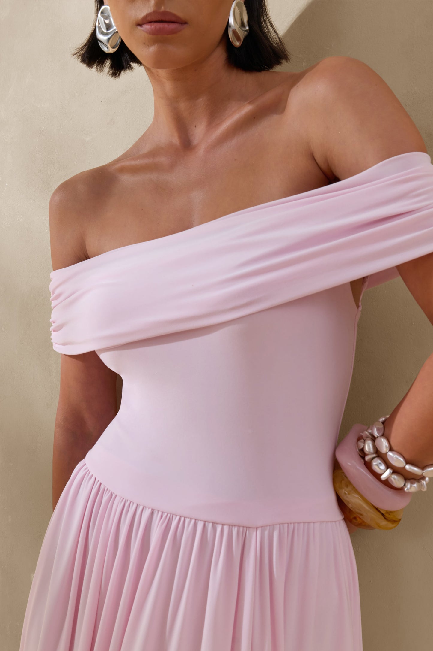 Cindie | Pink Bardot-Neck Maxi Dress