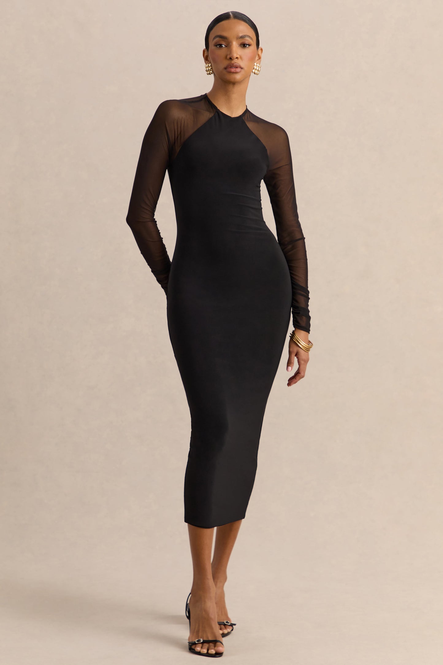 Aurevia | Black Crew-Neck Midi Dress With Long Mesh-Sleeves