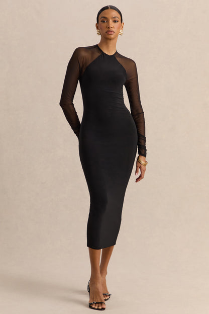 Aurevia | Black Crew-Neck Midi Dress With Long Mesh-Sleeves