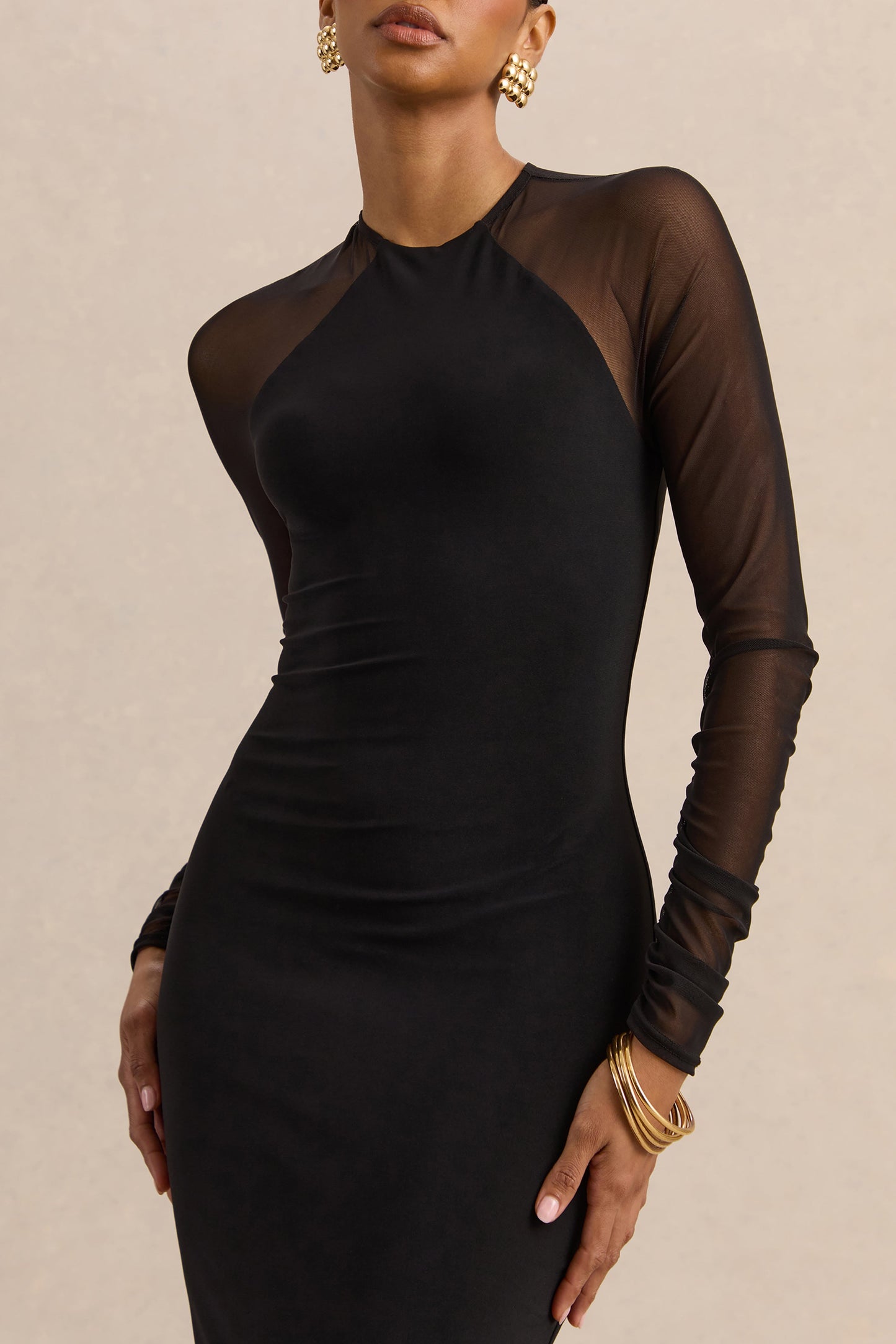 Aurevia | Black Crew-Neck Midi Dress With Long Mesh-Sleeves