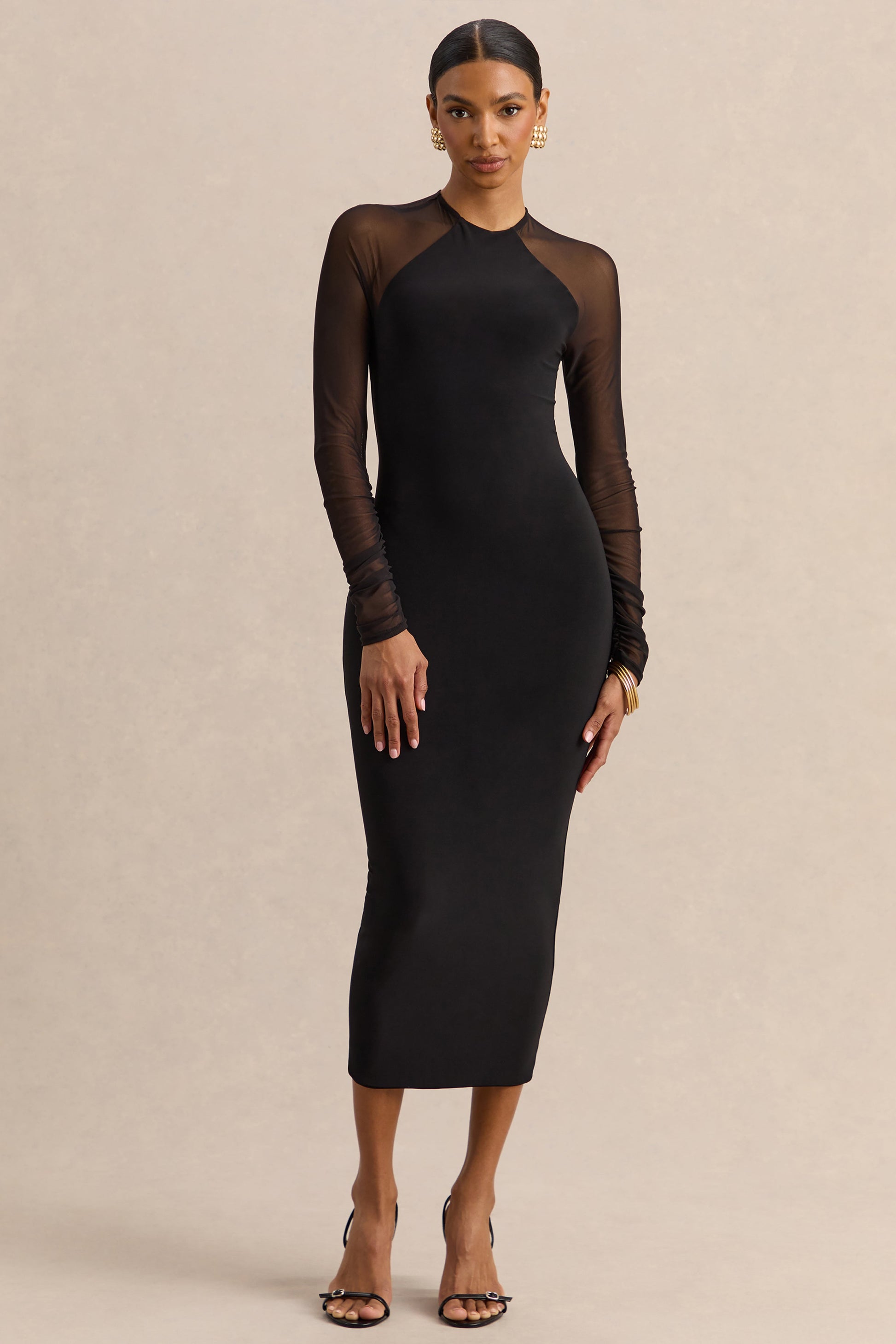 Aurevia | Black Crew-Neck Midi Dress With Long Mesh-Sleeves