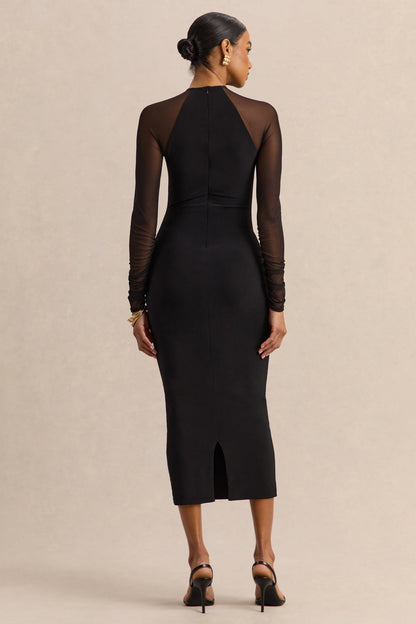 Aurevia | Black Crew-Neck Midi Dress With Long Mesh-Sleeves