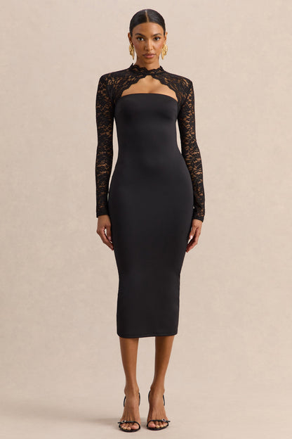 Arlune | Black High-Neck Midi Dress With Long Lace-Sleeves