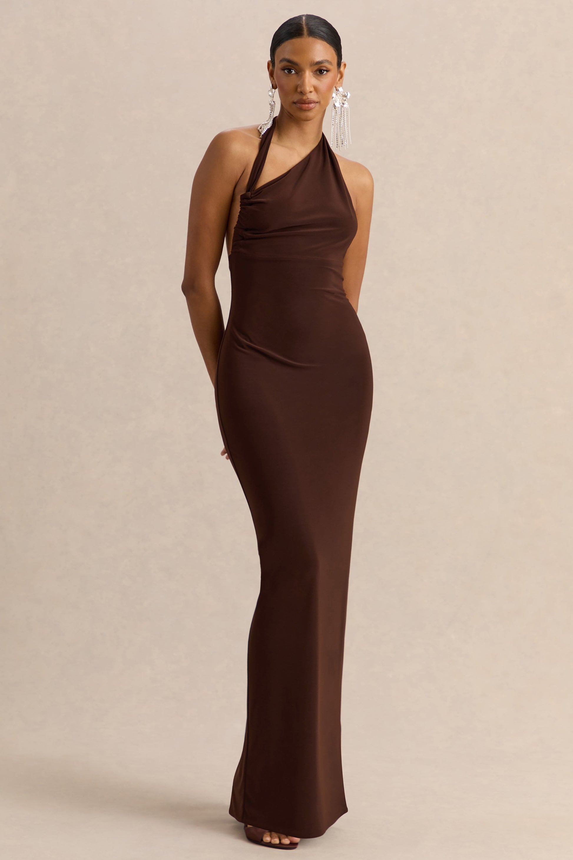 Delisse | Brown Asymmetric-Neck Maxi Dress