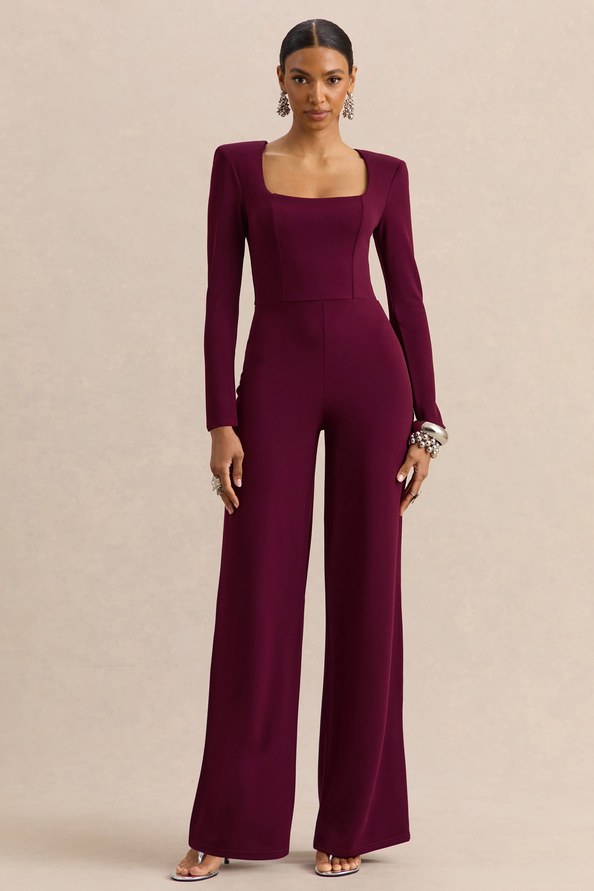 Elasse | Burgundy Square-Neck Jumpsuit