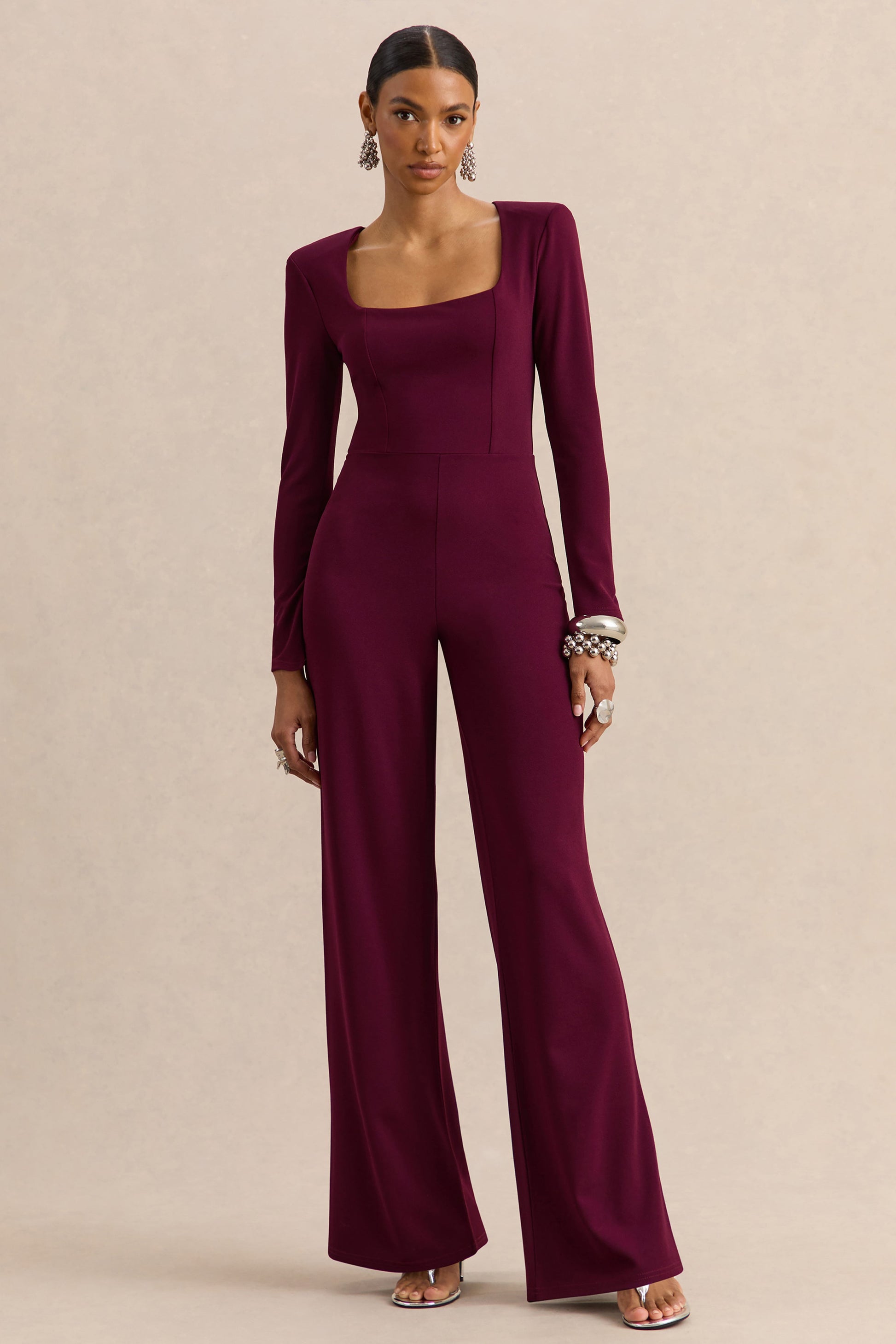 Elasse | Burgundy Square-Neck Jumpsuit
