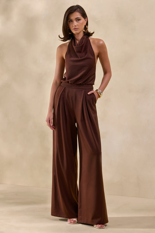 Elisra | Brown Satin Halter-Neck Jumpsuit