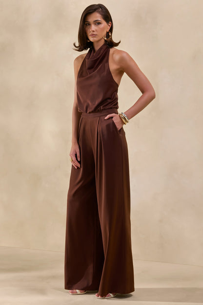 Elisra | Brown Satin Halter-Neck Jumpsuit