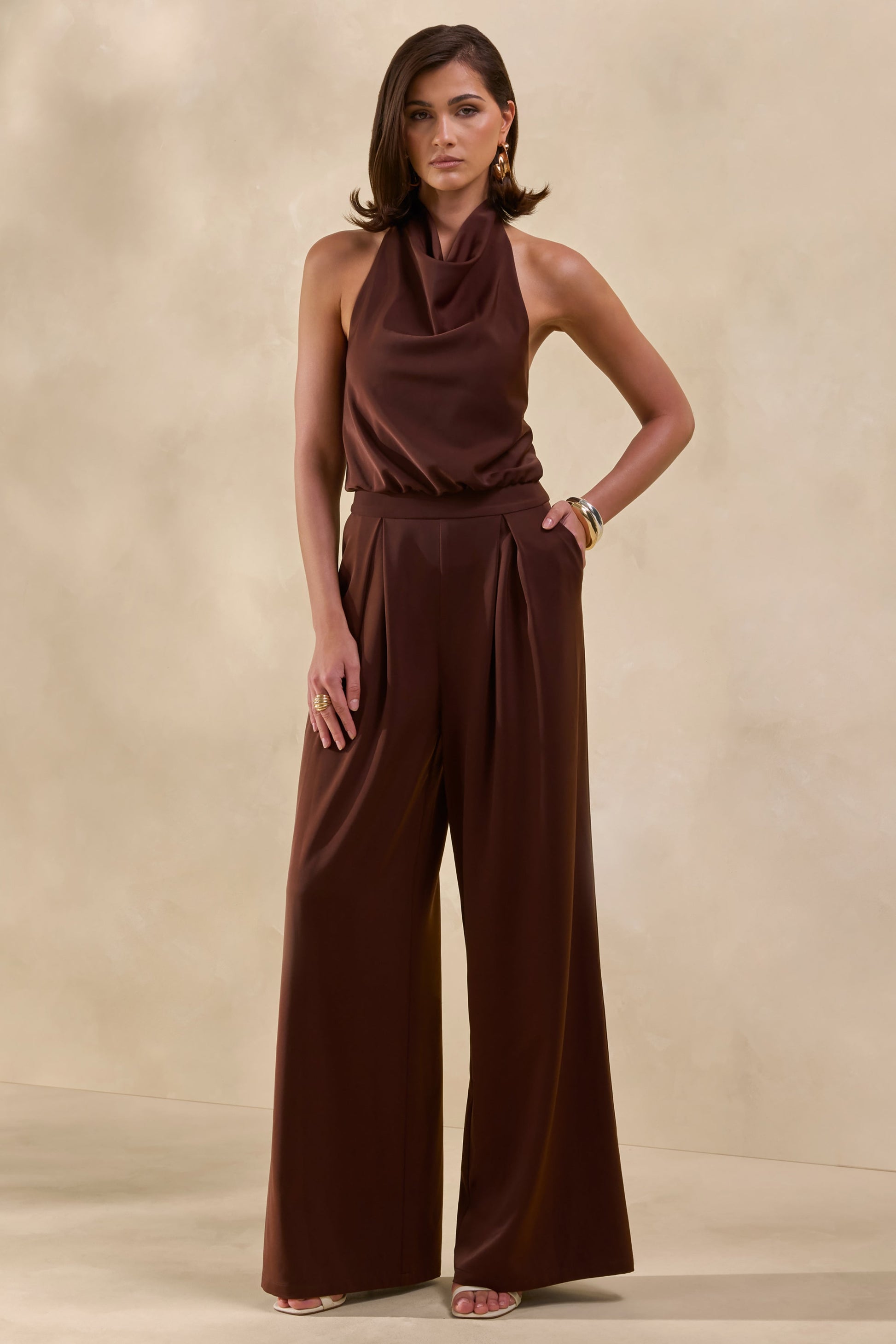 Elisra | Brown Satin Halter-Neck Jumpsuit