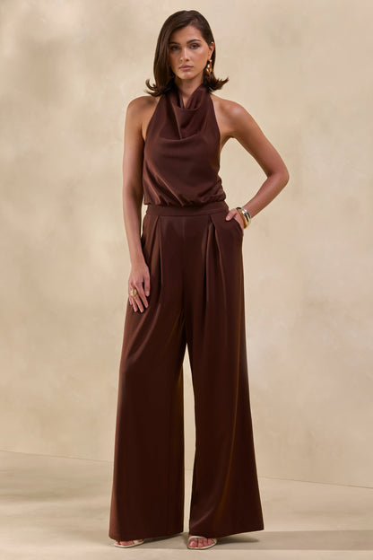 Elisra | Brown Satin Halter-Neck Jumpsuit