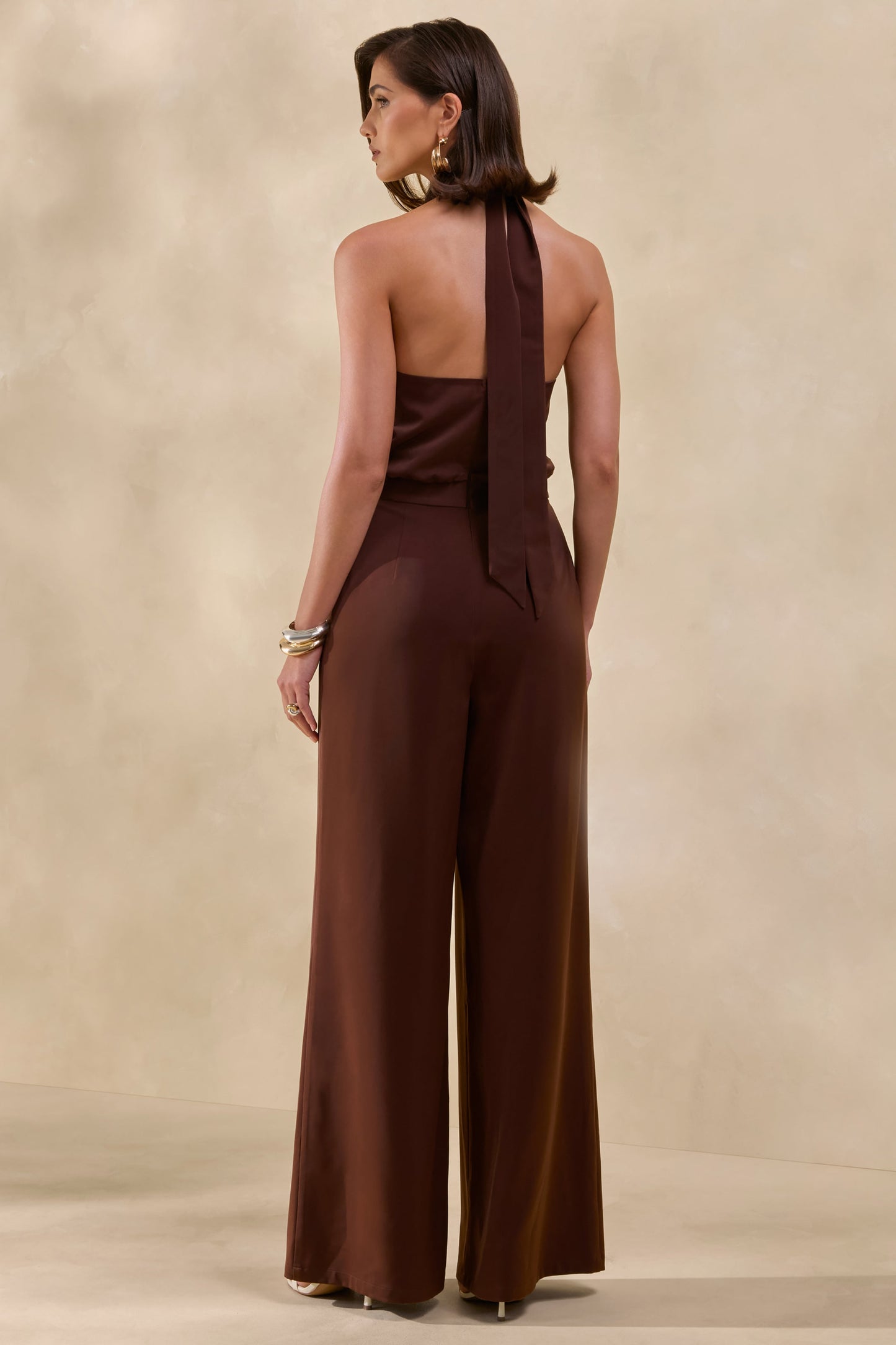 Elisra | Brown Satin Halter-Neck Jumpsuit