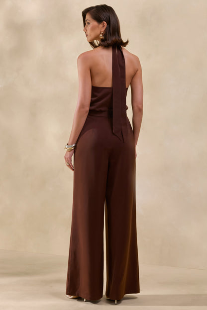 Elisra | Brown Satin Halter-Neck Jumpsuit