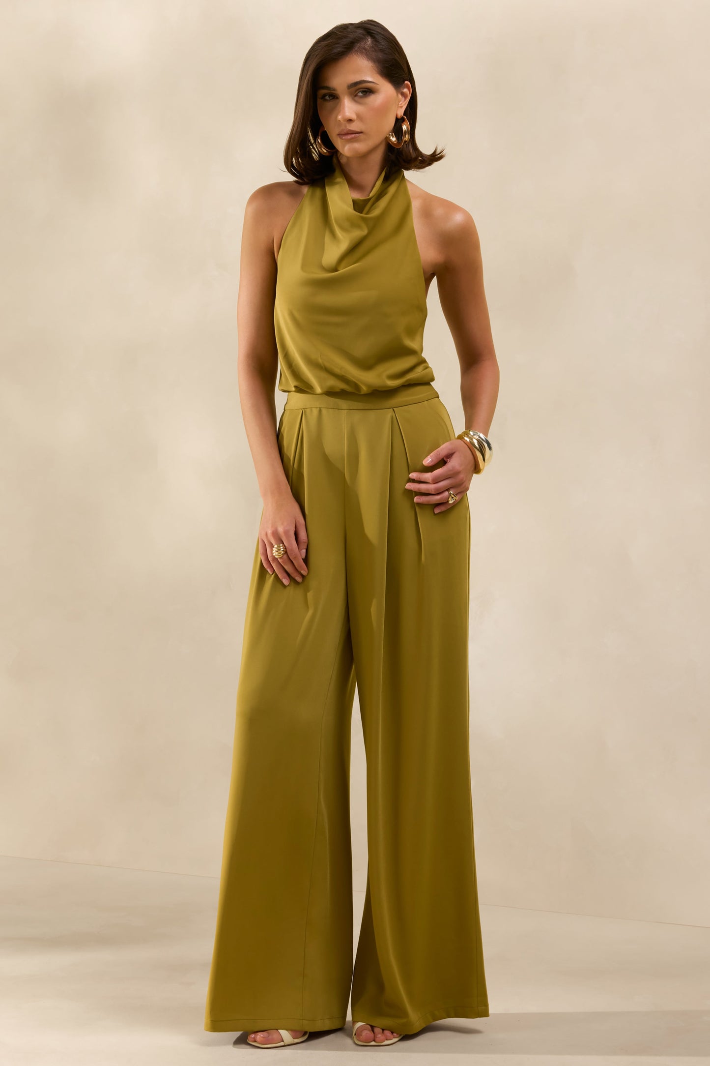 Elisra | Olive Satin Halter-Neck Jumpsuit