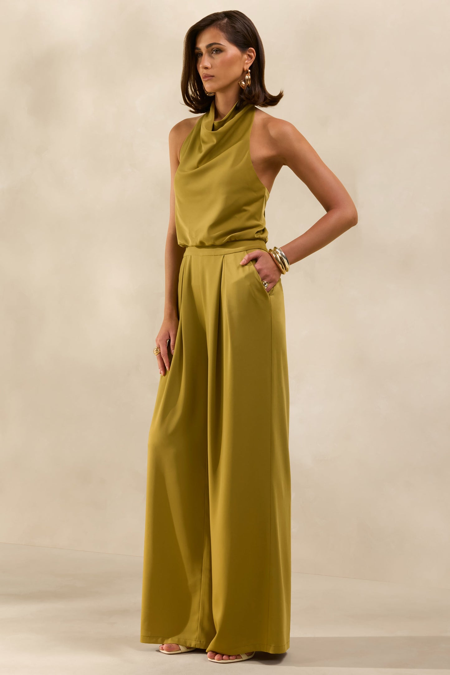 Elisra | Olive Satin Halter-Neck Jumpsuit