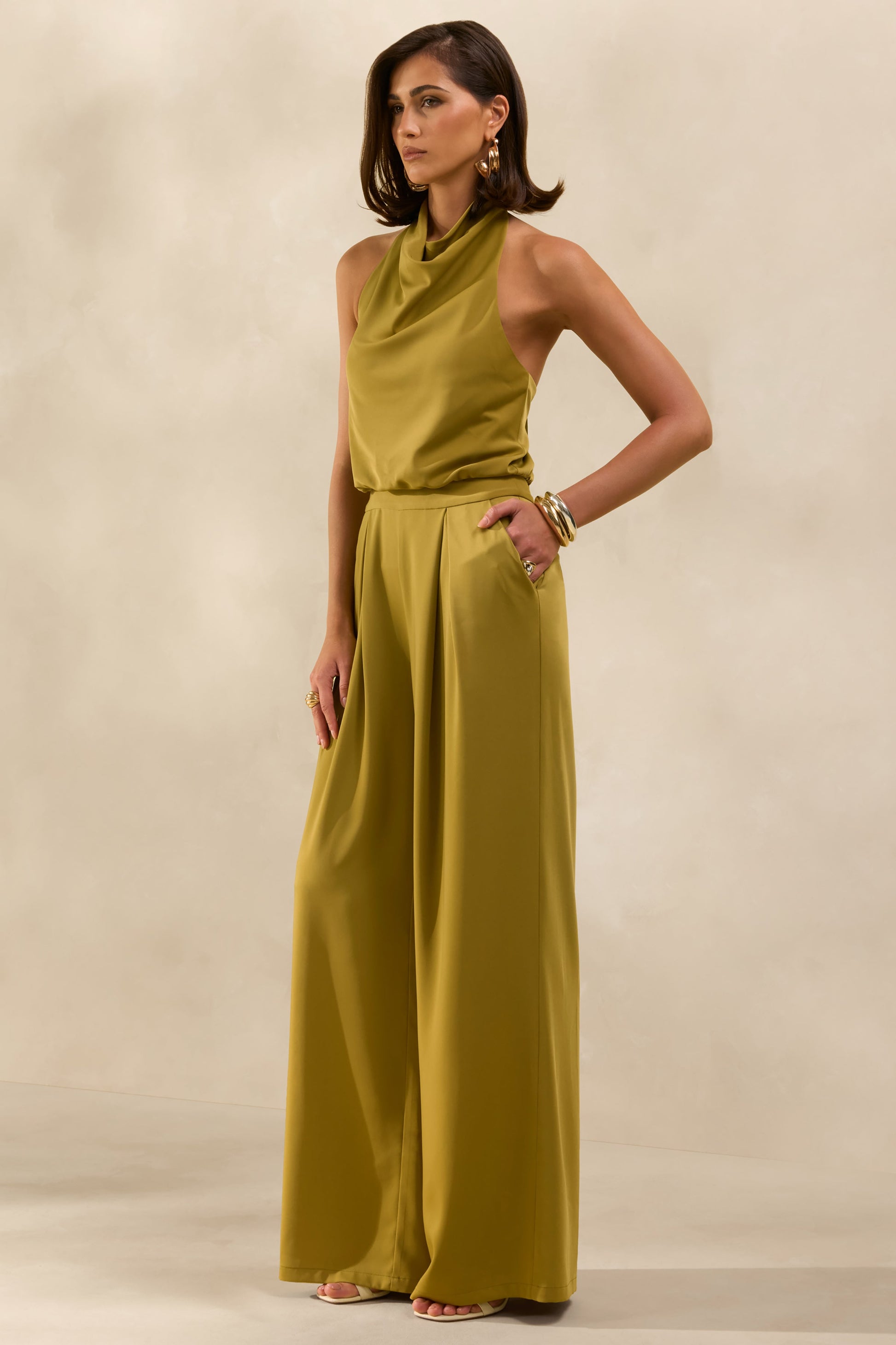 Elisra | Olive Satin Halter-Neck Jumpsuit