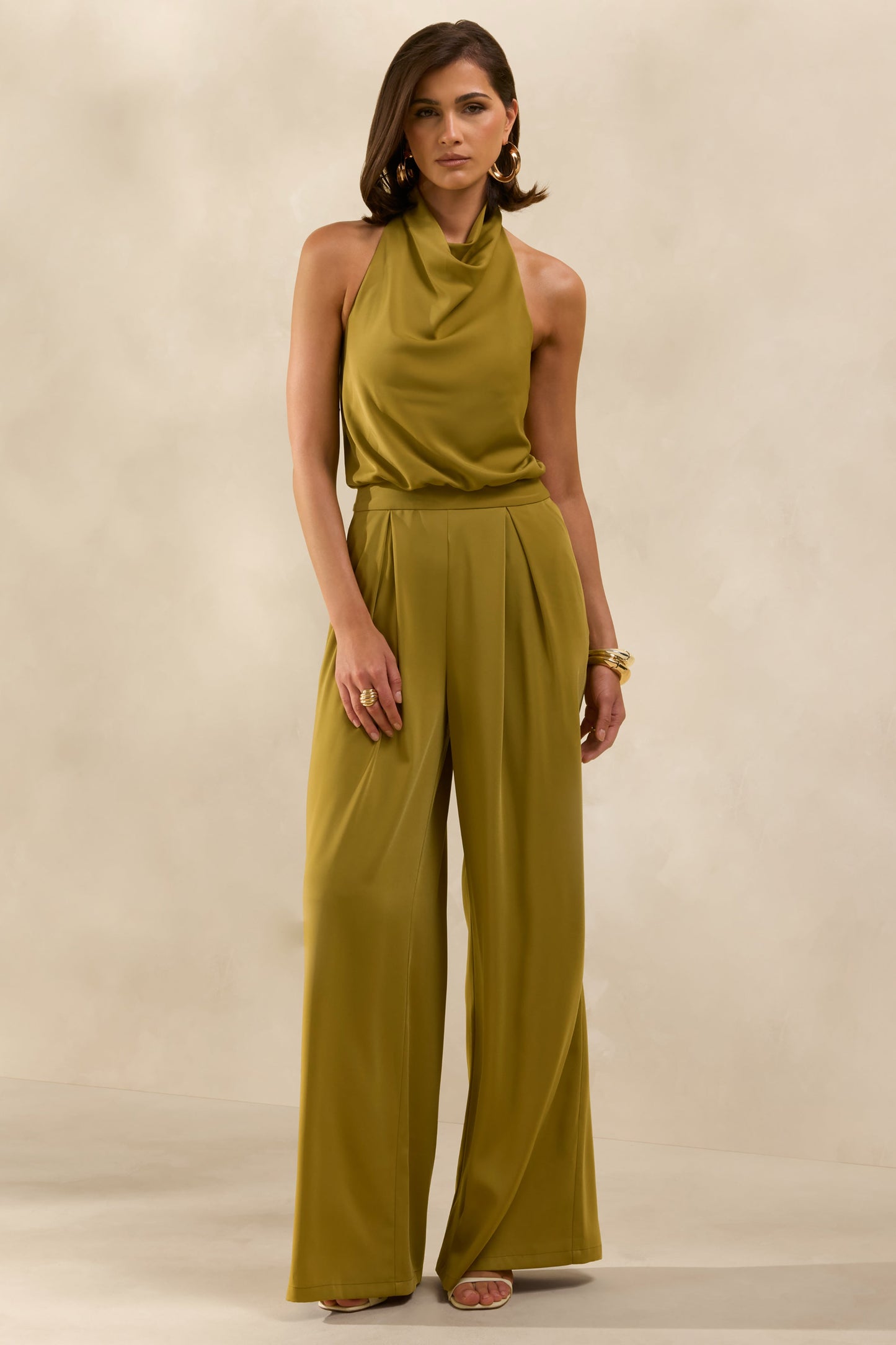 Elisra | Olive Satin Halter-Neck Jumpsuit