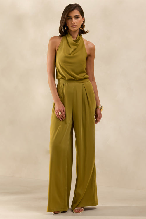Elisra | Olive Satin Halter-Neck Jumpsuit