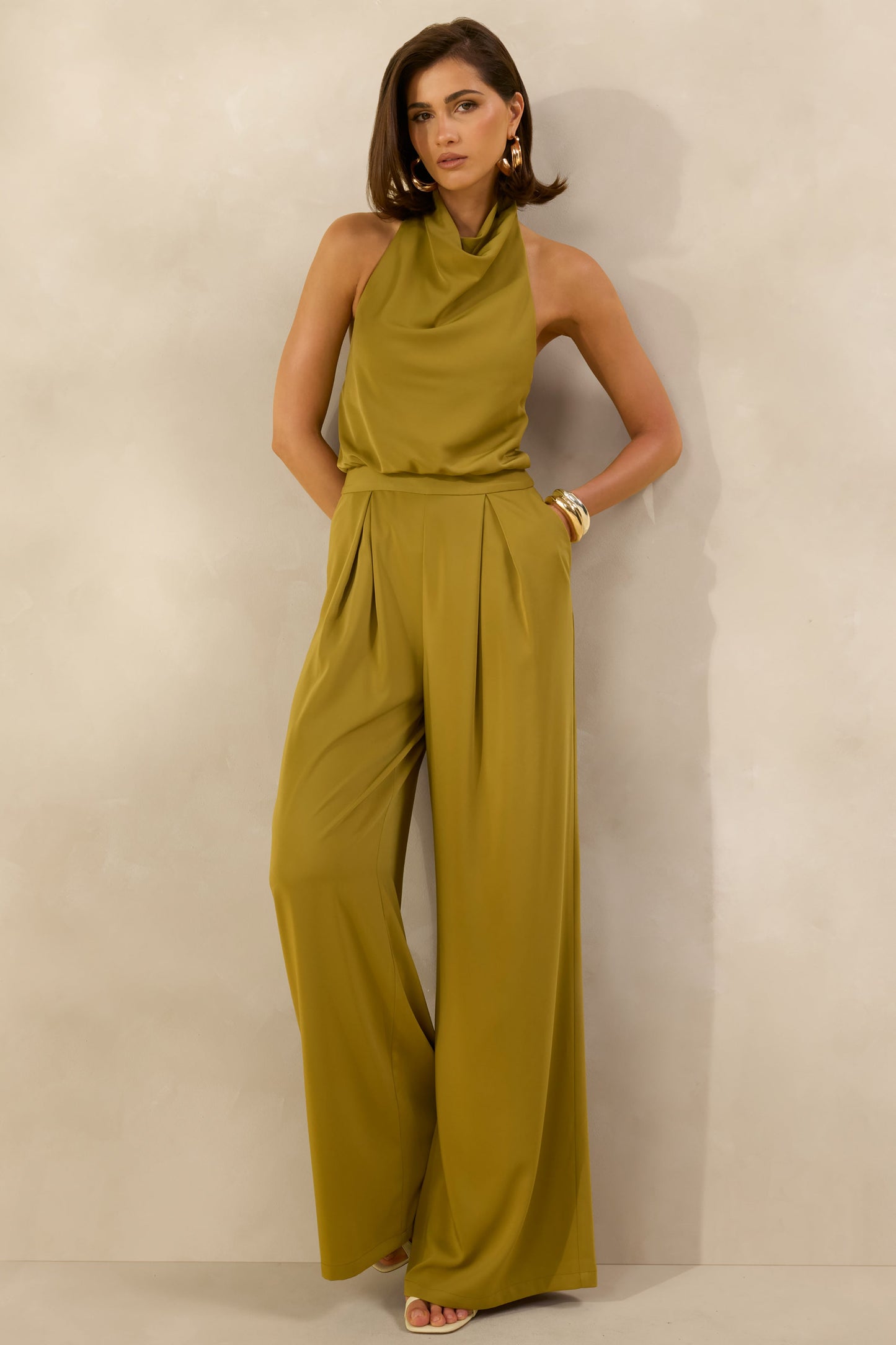 Elisra | Olive Satin Halter-Neck Jumpsuit