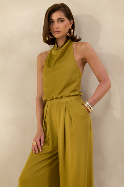Elisra | Olive Satin Halter-Neck Jumpsuit