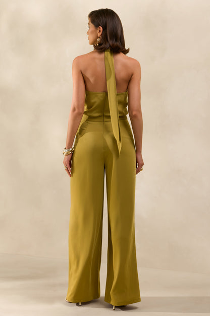 Elisra | Olive Satin Halter-Neck Jumpsuit