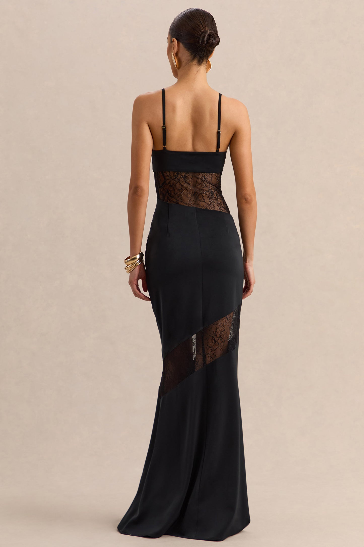 Belvair | Black Satin And Lace Maxi Dress With Draped-Detail