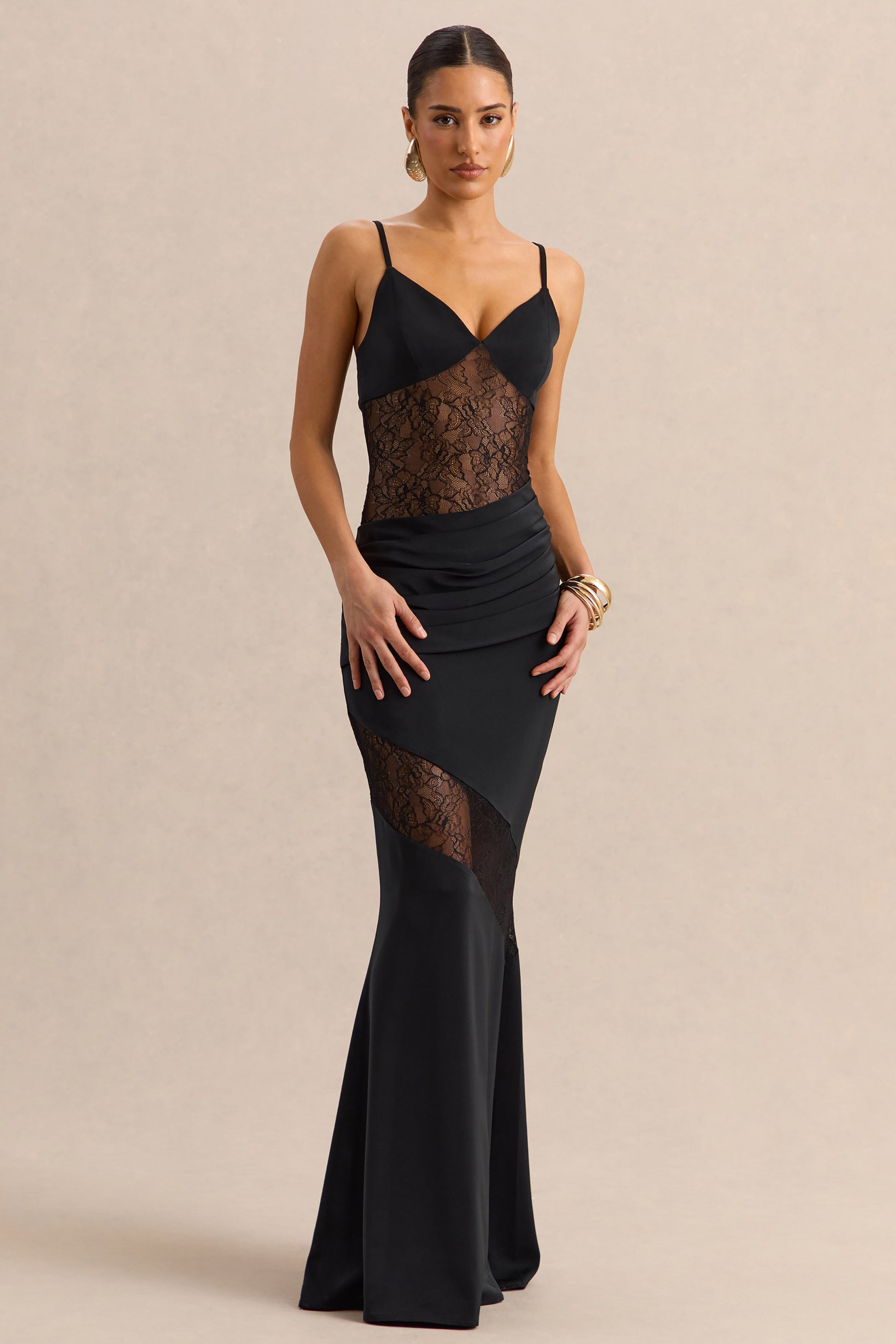 Belvair | Black Satin And Lace Maxi Dress With Draped-Detail