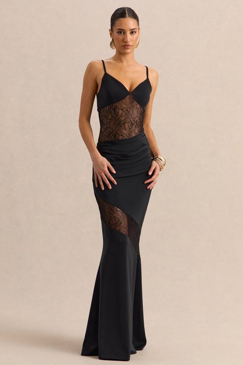 Belvair | Black Satin And Lace Maxi Dress With Draped-Detail