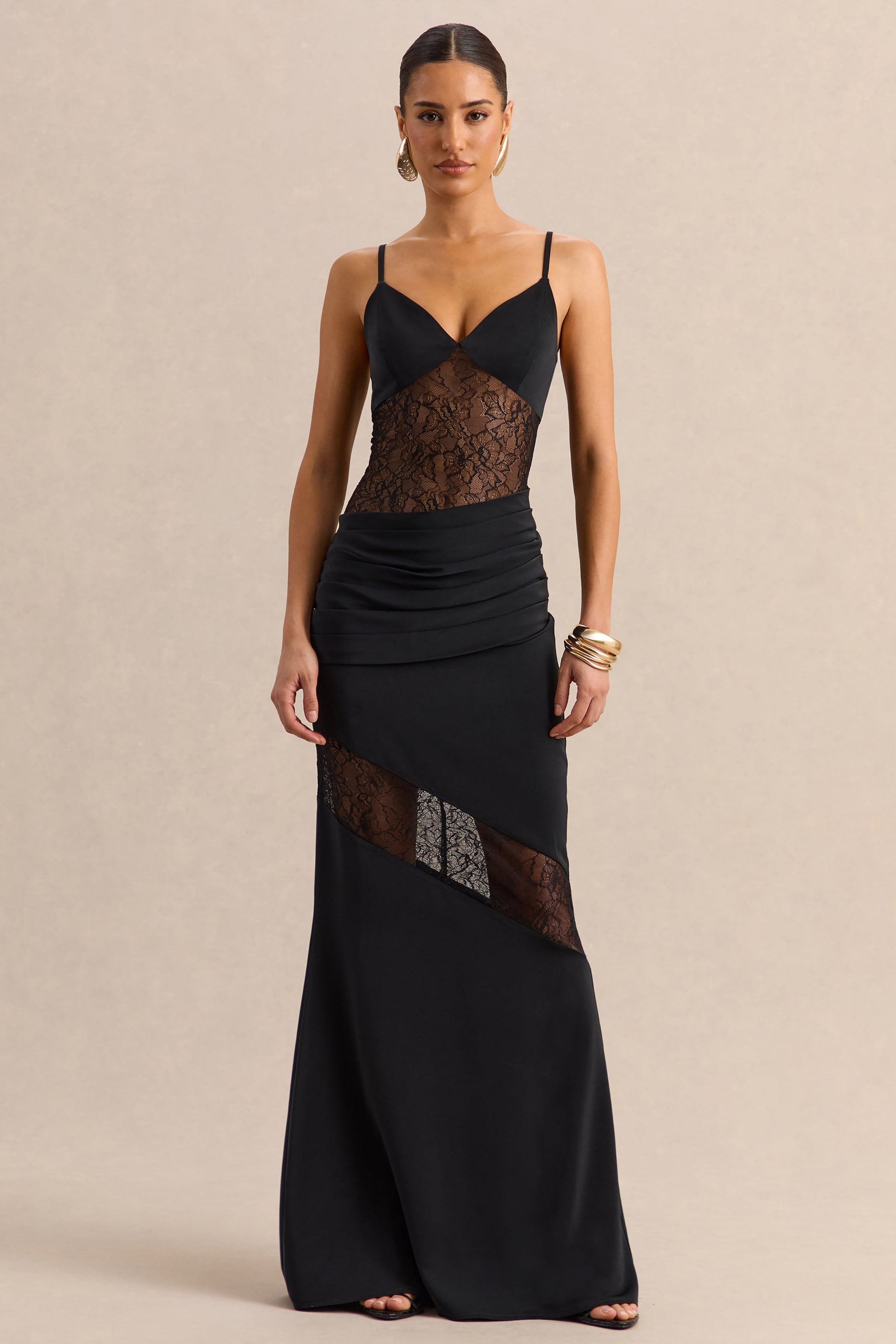 Belvair | Black Satin And Lace Maxi Dress With Draped-Detail