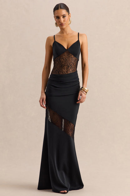 Belvair | Black Satin And Lace Maxi Dress With Draped-Detail