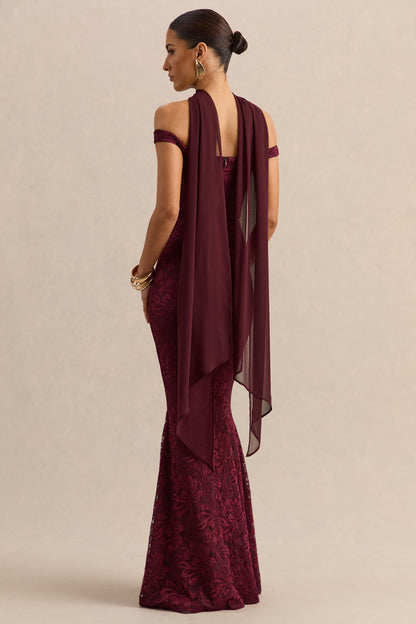 Iselle | Burgundy Lace Bardot-Neck Maxi Dress With Scarf-Detail
