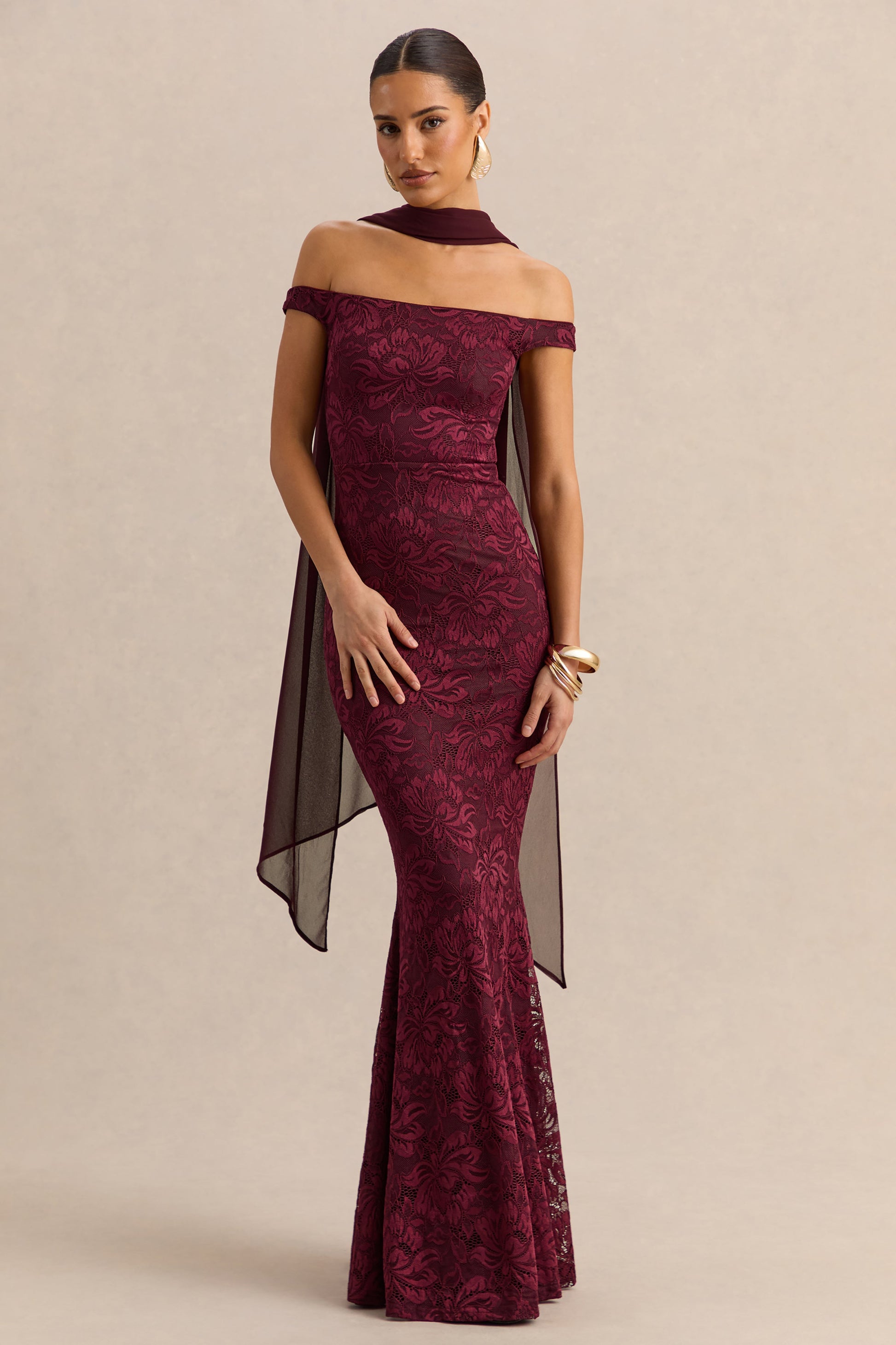 Iselle | Burgundy Lace Bardot-Neck Maxi Dress With Scarf-Detail