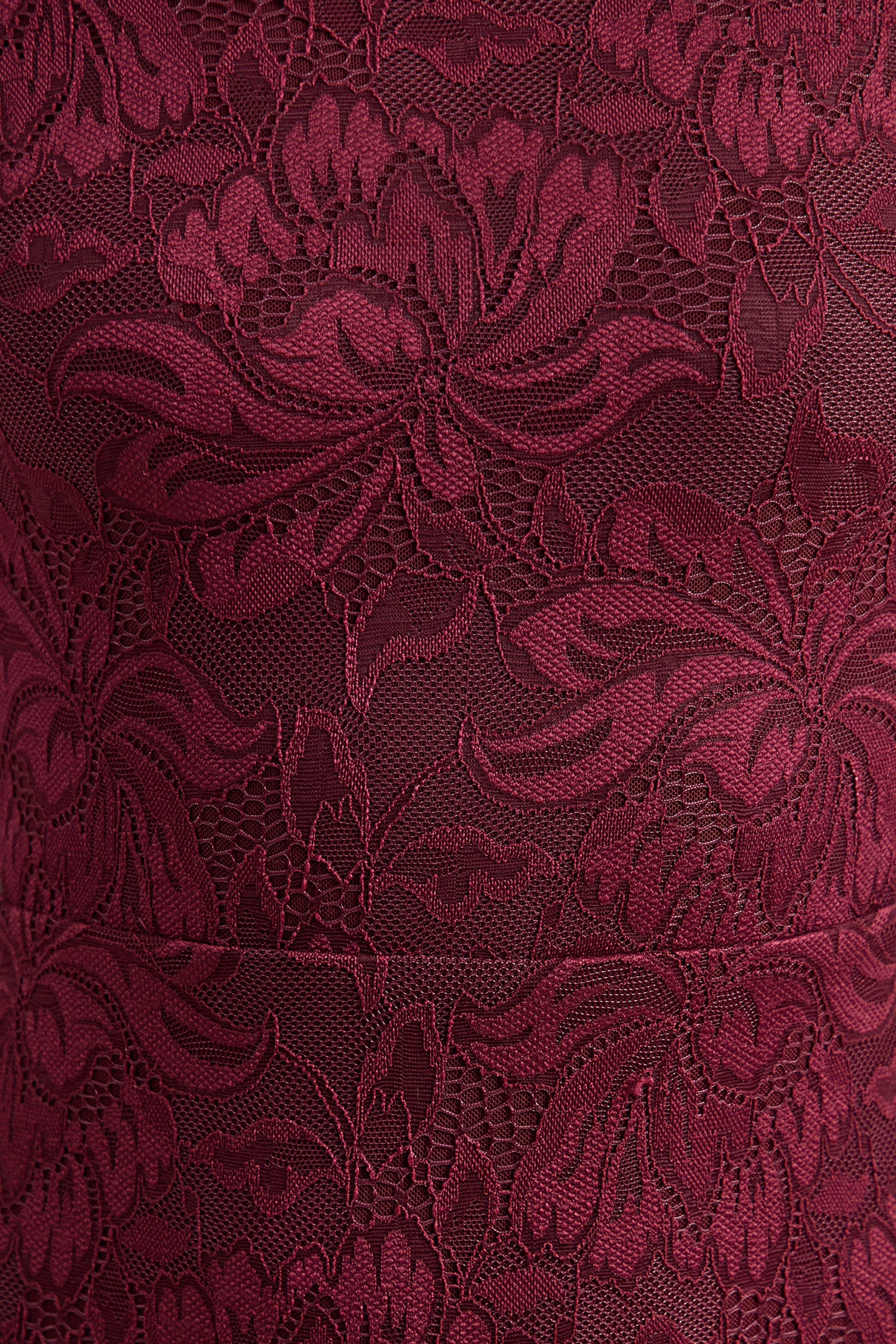 Iselle | Burgundy Lace Bardot-Neck Maxi Dress With Scarf-Detail
