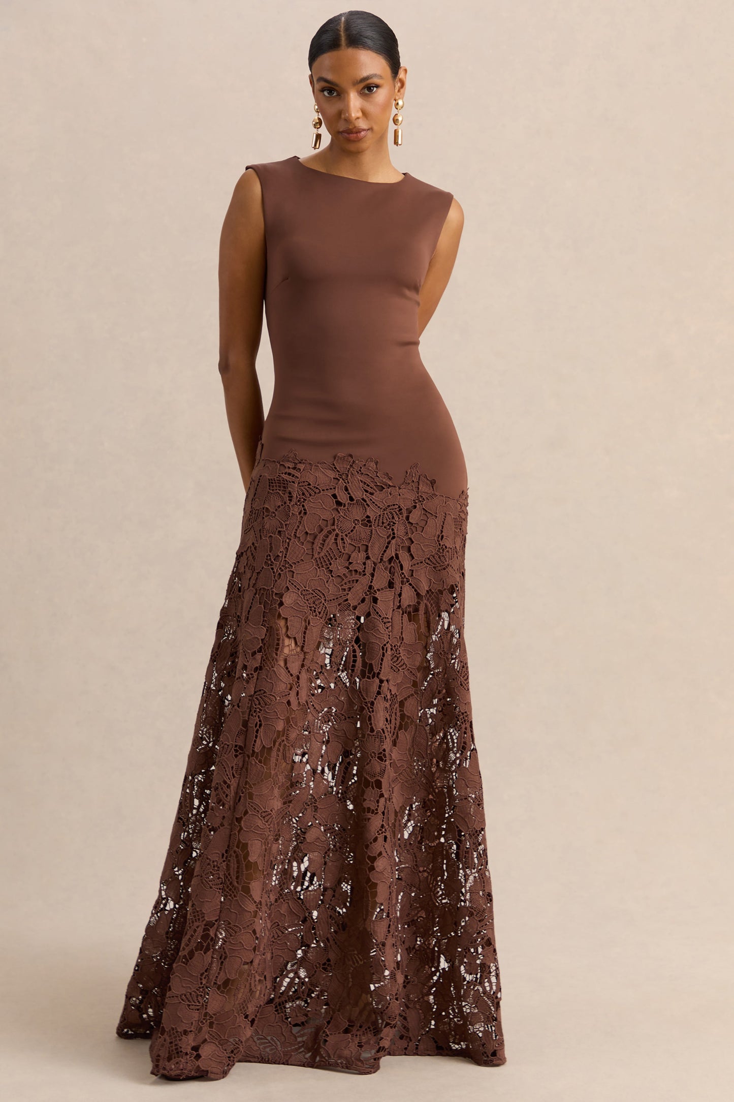 Calune | Brown Lace Wide-Neck Maxi Dress