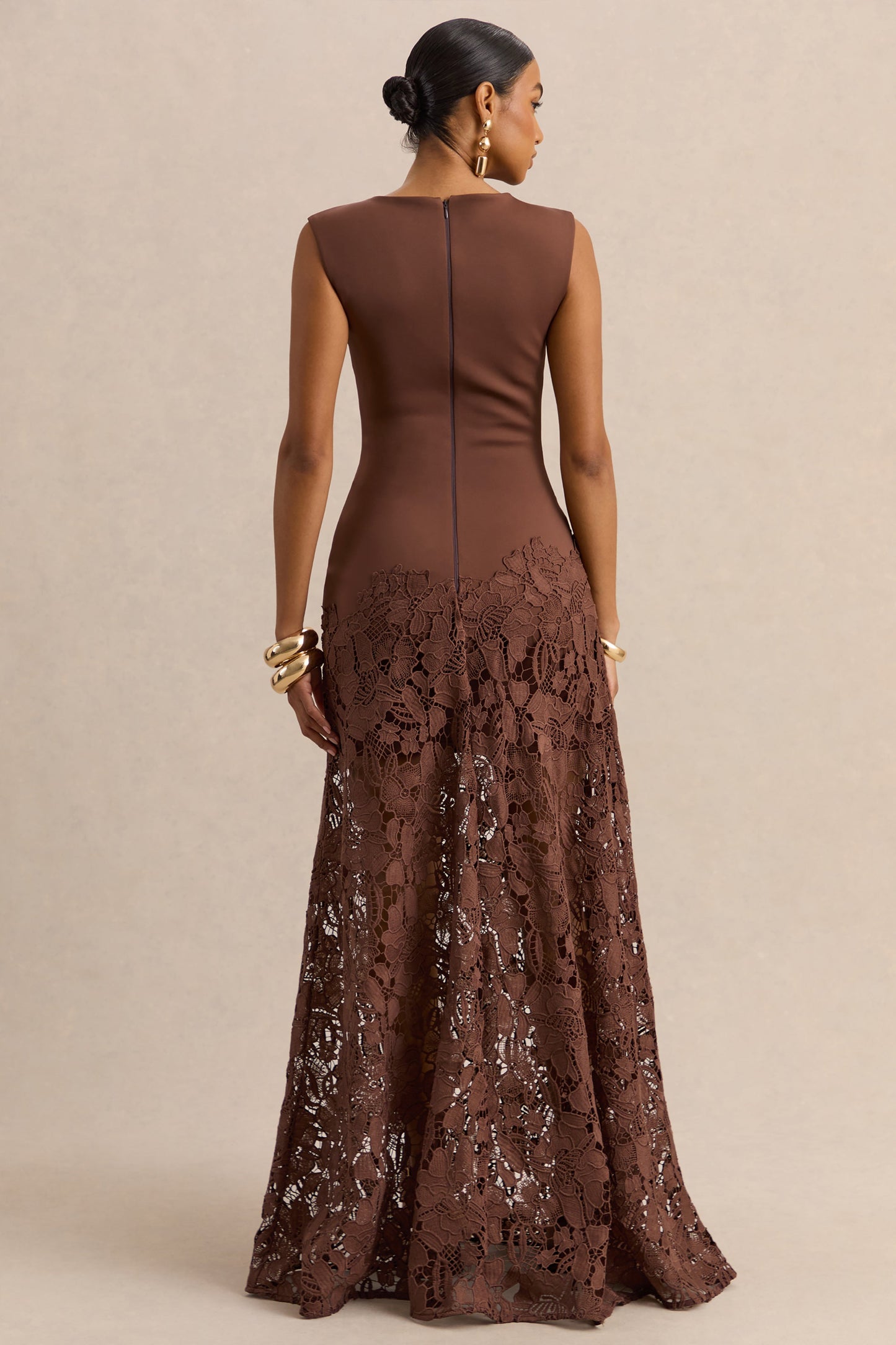 Calune | Brown Lace Wide-Neck Maxi Dress
