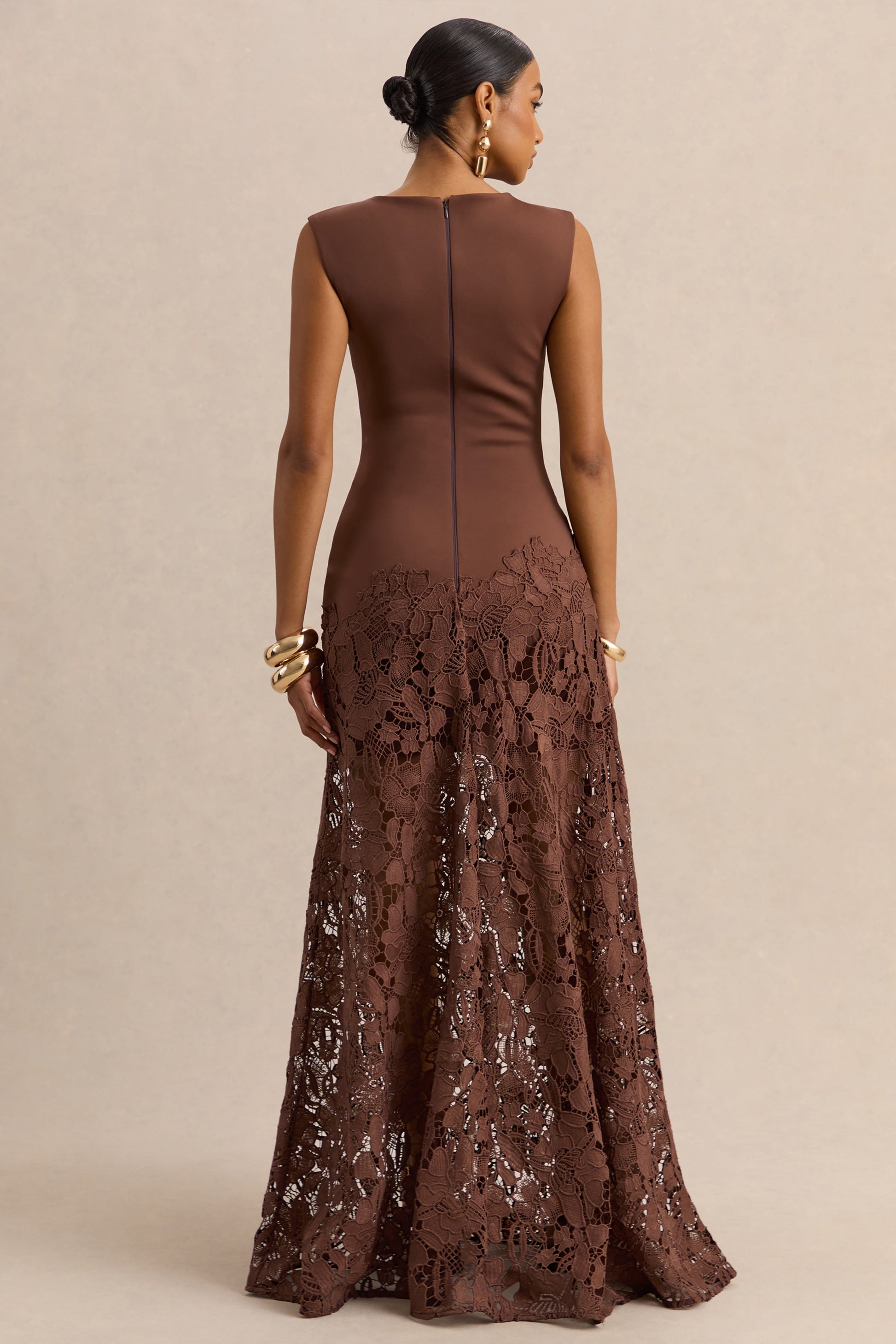 Calune | Brown Lace Wide-Neck Maxi Dress