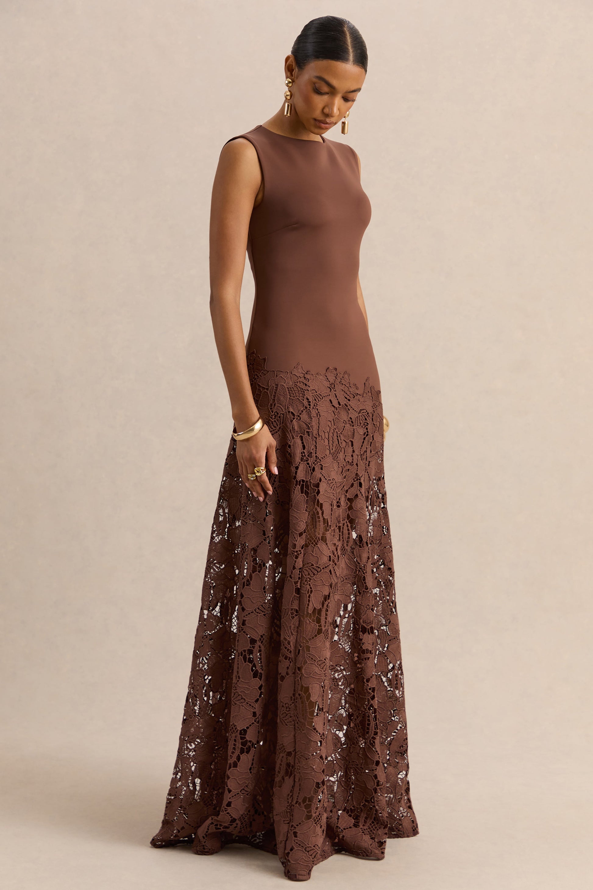Calune | Brown Lace Wide-Neck Maxi Dress