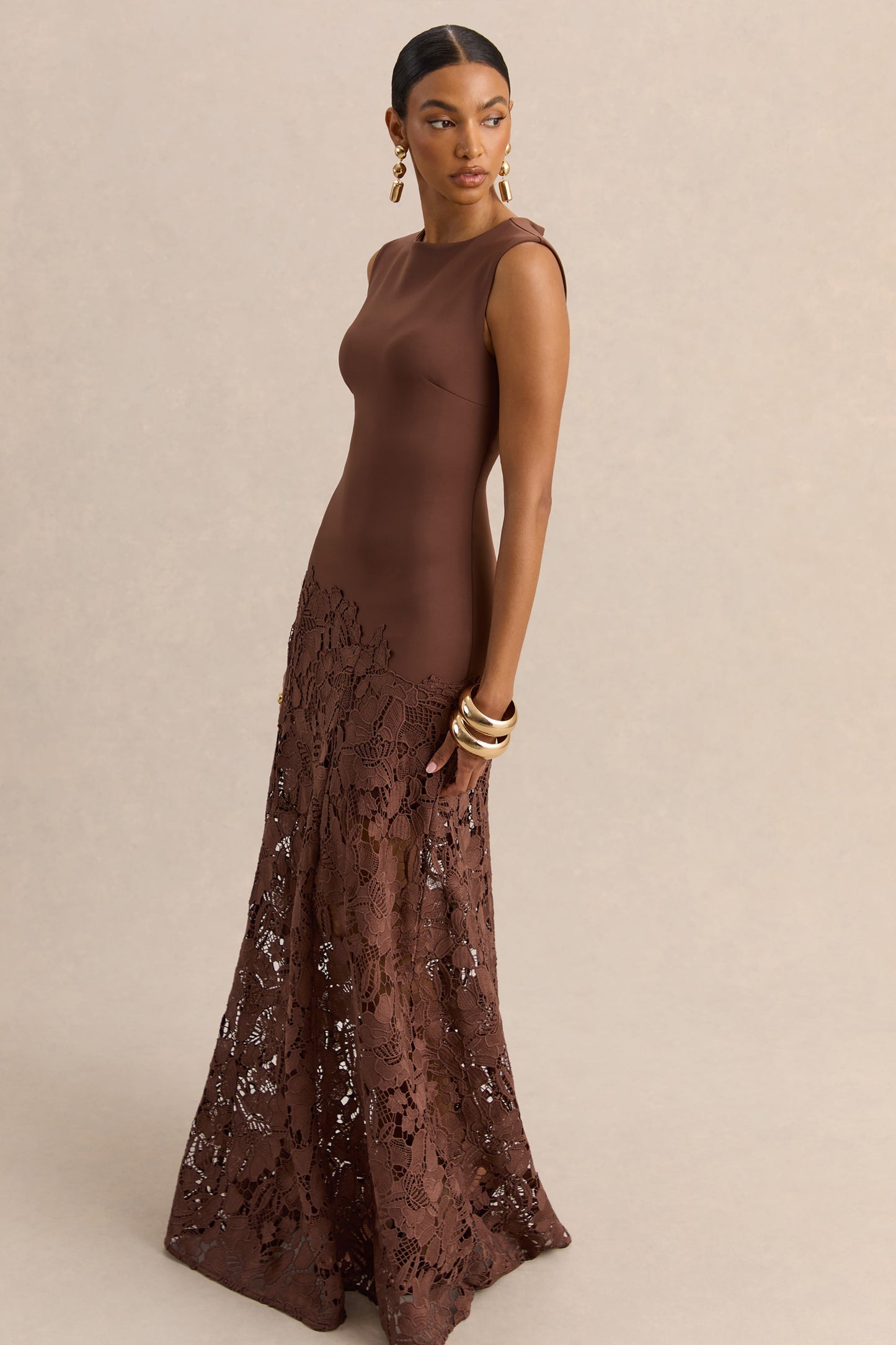 Calune | Brown Lace Wide-Neck Maxi Dress