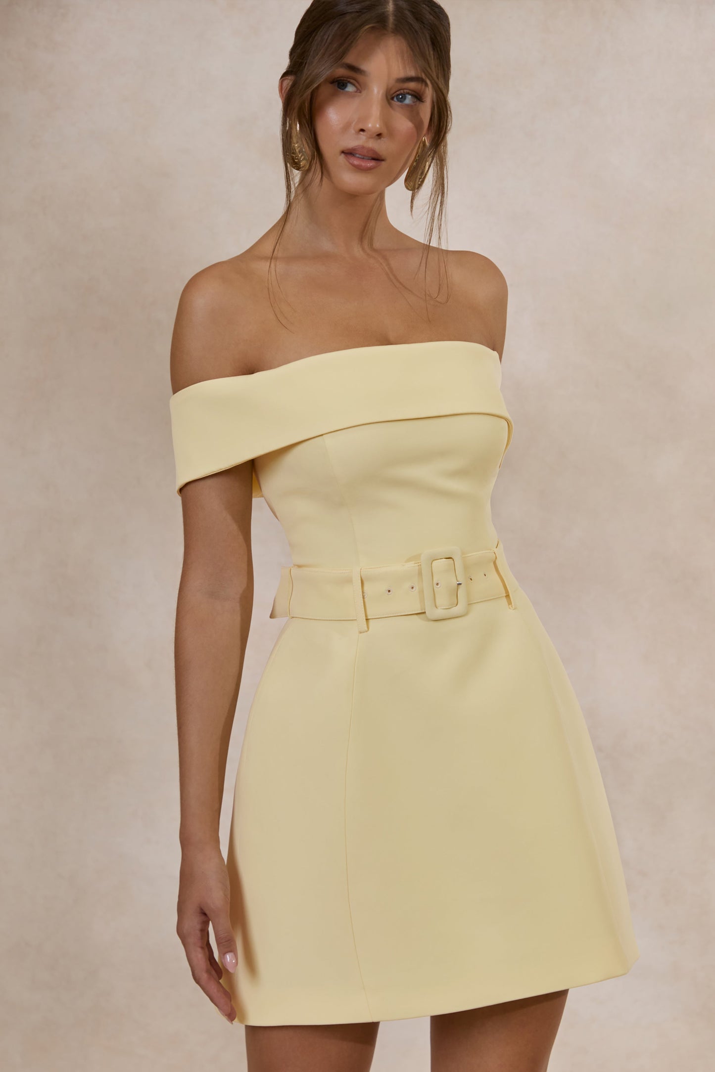 Cilly | Lemon Bardot-Neck Mini-Dress With Belt-Detail