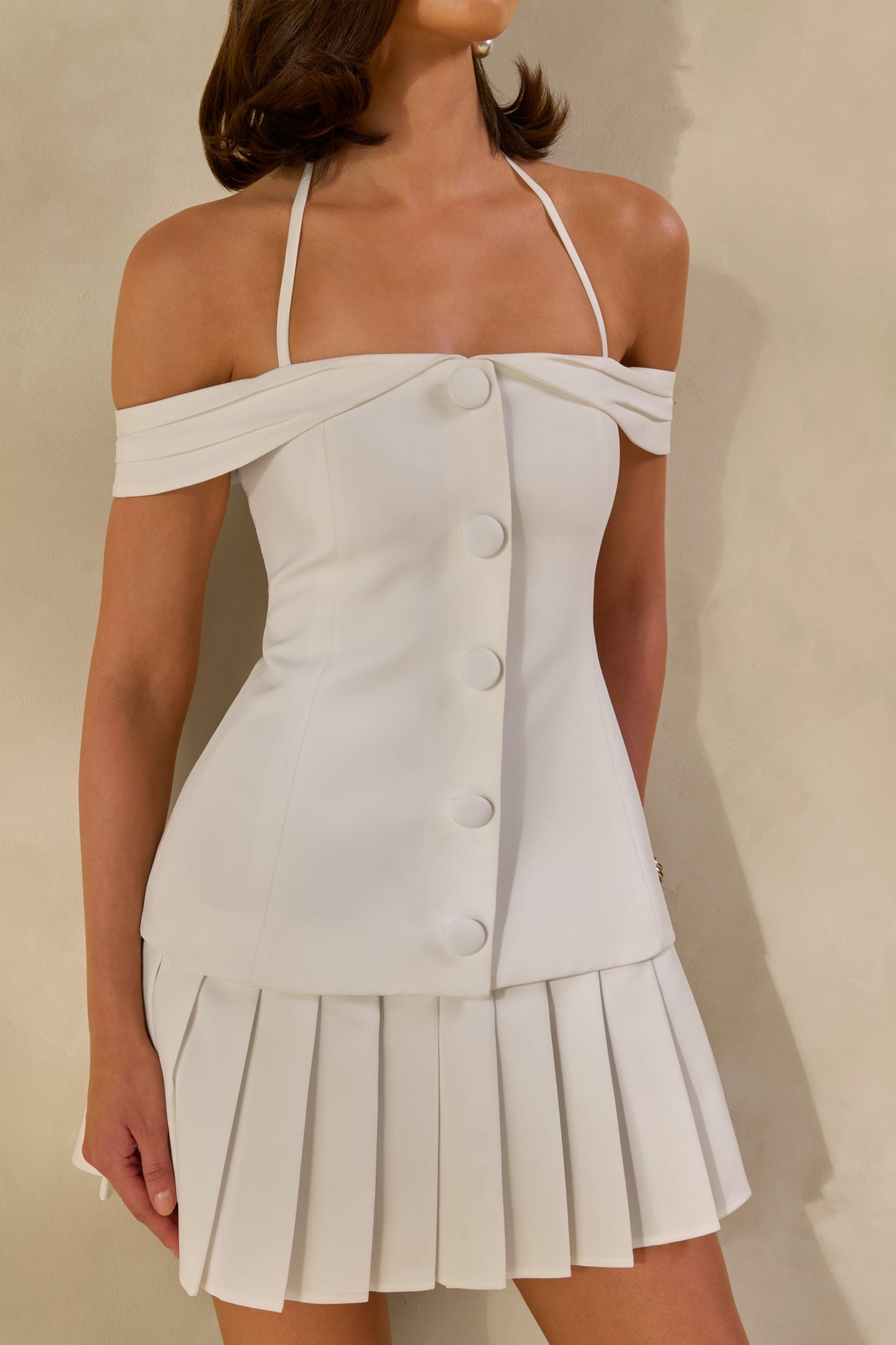 Celeta | White Bardot-Neck Mini Dress With Button-Detailing And Pleated-Hem