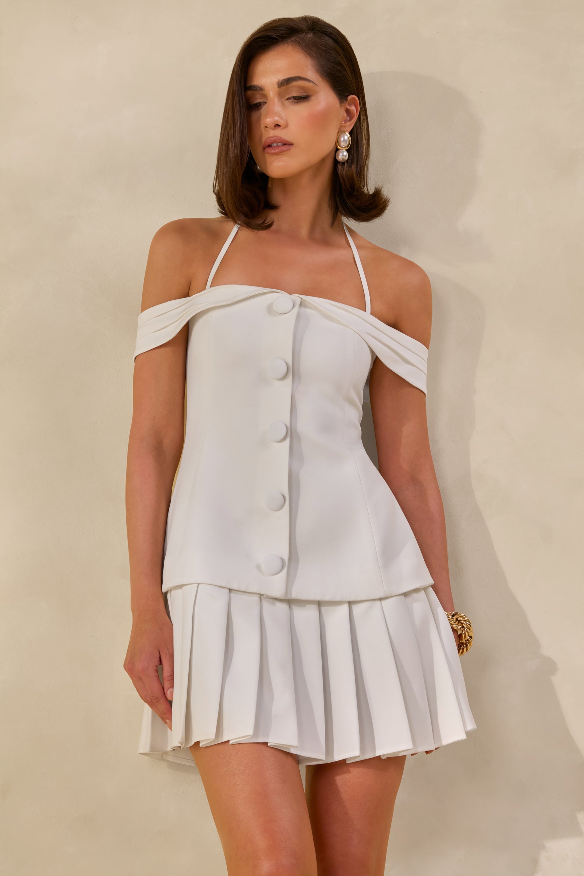 Celeta | White Bardot-Neck Mini Dress With Button-Detailing And Pleated-Hem