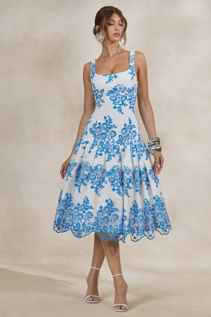 Mayra | Blue Lace Square-Neck Midi Dress With Voluminous Skirt