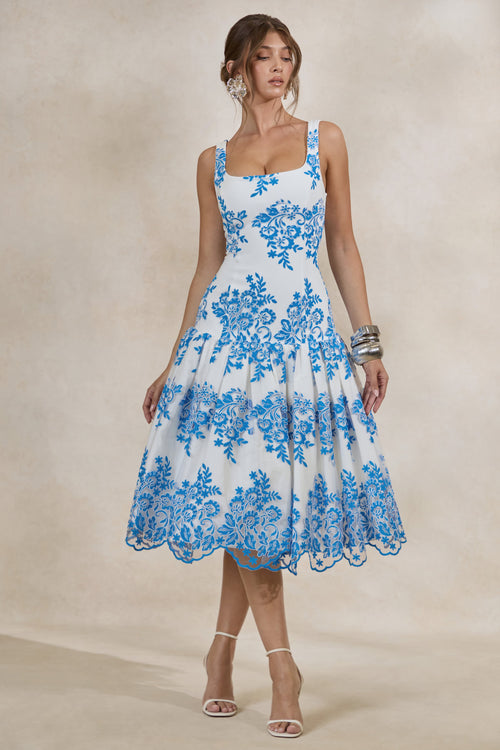 Mayra | Blue Lace Square-Neck Midi Dress With Voluminous Skirt